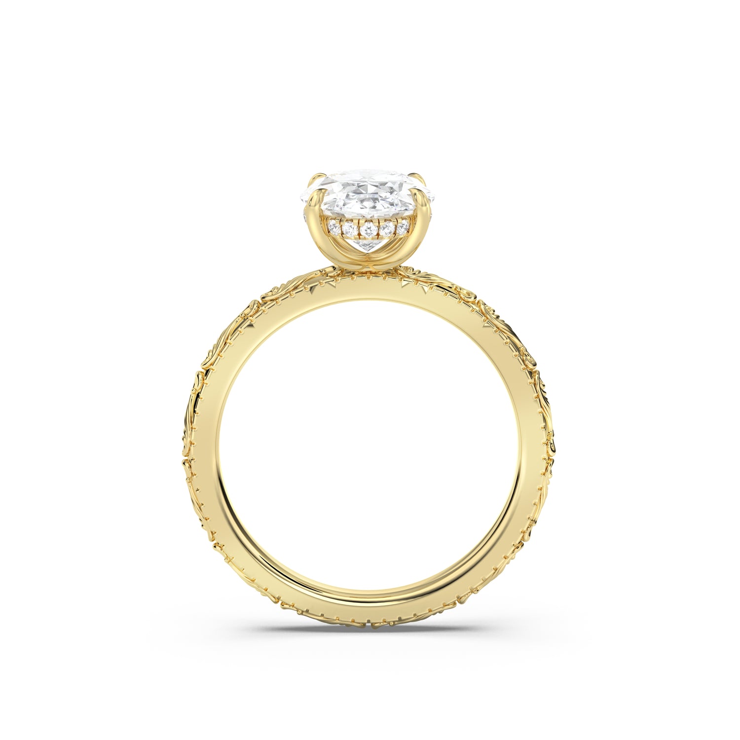 Scroll Engraved Hidden Halo Diamond Engagement Ring