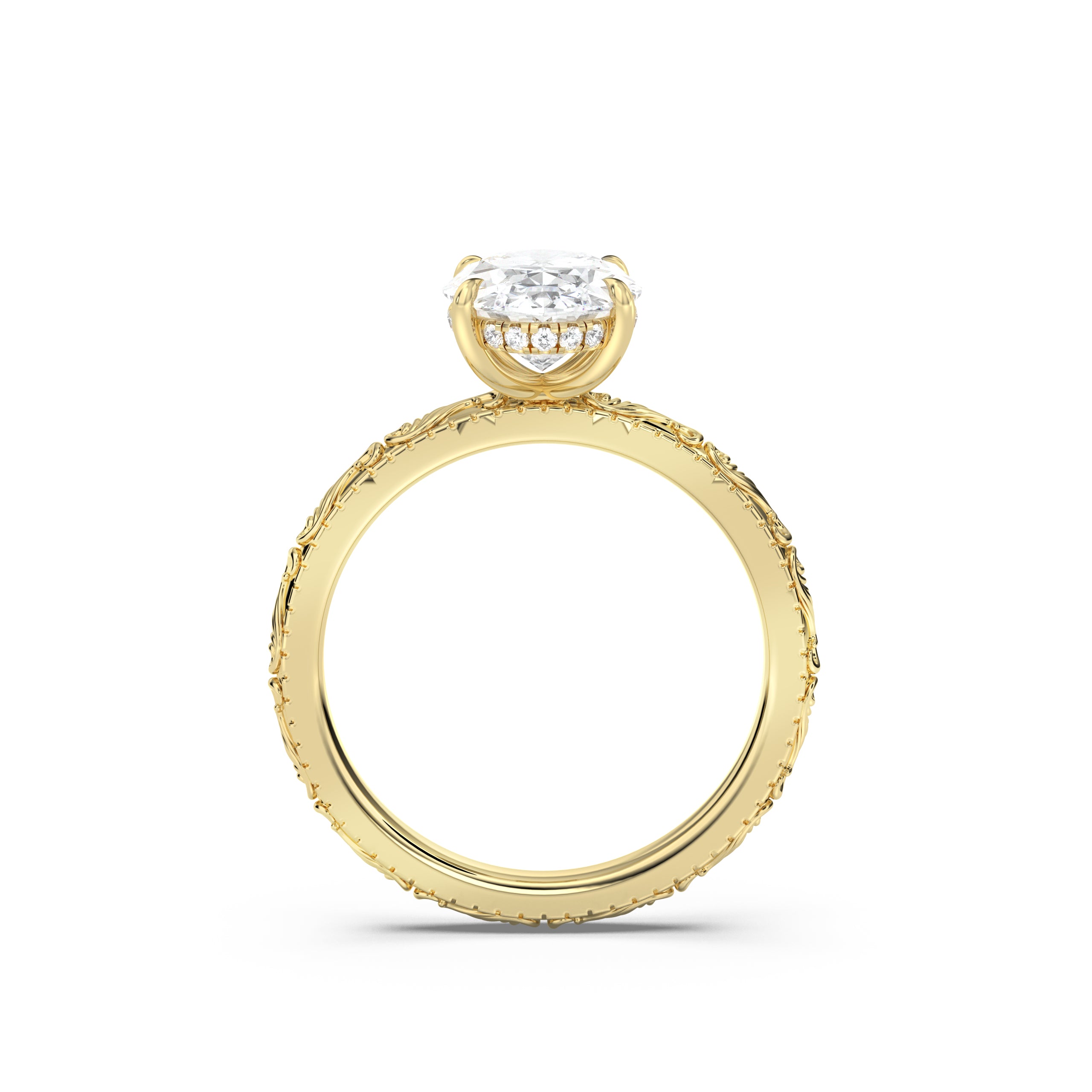 Scroll Engraved Hidden Halo Diamond Engagement Ring