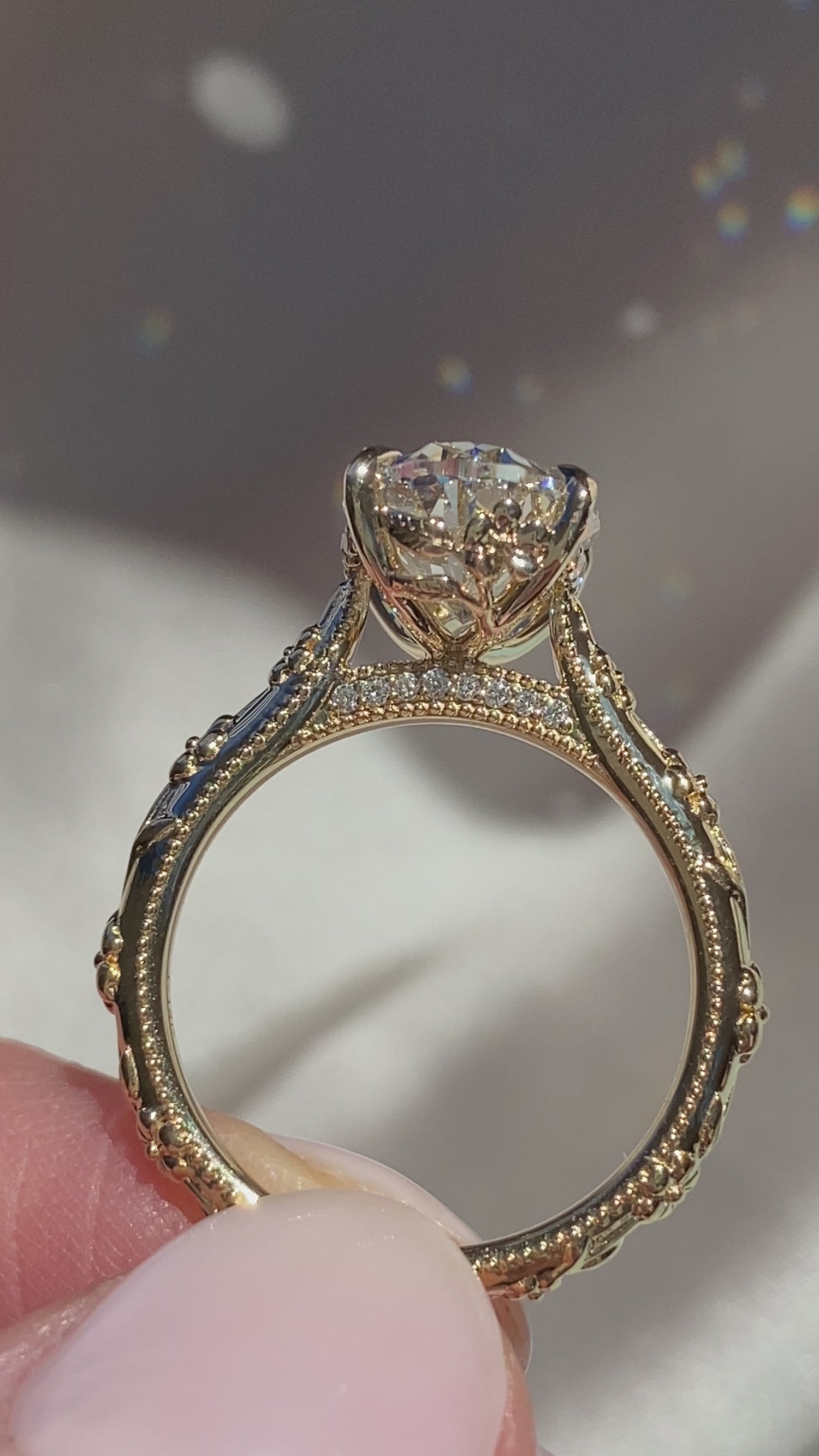 Intricate floral everbloom engraved diamond engagement ring video from Castlefield Collection