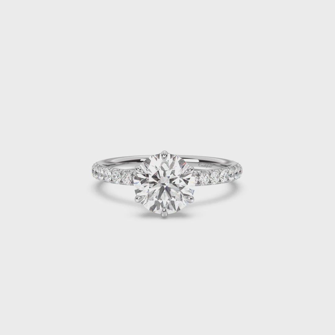 Classic 6 Prong Hidden Wrap and Pavé Band Diamond Ring
