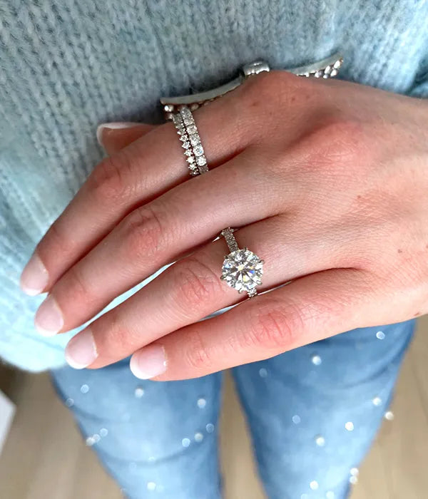 Classic 6 Prong Hidden Wrap and Pavé Band Diamond Ring