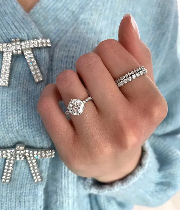 Classic 6 Prong Hidden Wrap and Pavé Band Diamond Ring